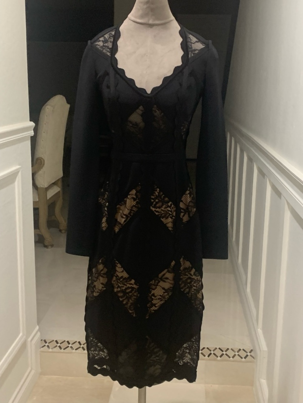 Elie Saab Black Long-Sleeve Knit And Lace Midi Dress Size 38